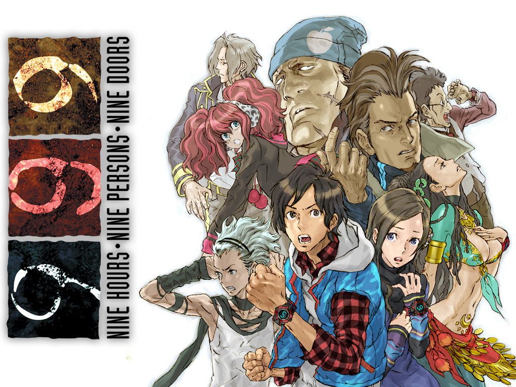 the promotional art for 9 Hours, 9 Persons, 9 Doors, or 999. on the left is the logo, flipped to read vertically from bottom to top. on the right are the 9 players of the Nonary Game, including the player character Junpei